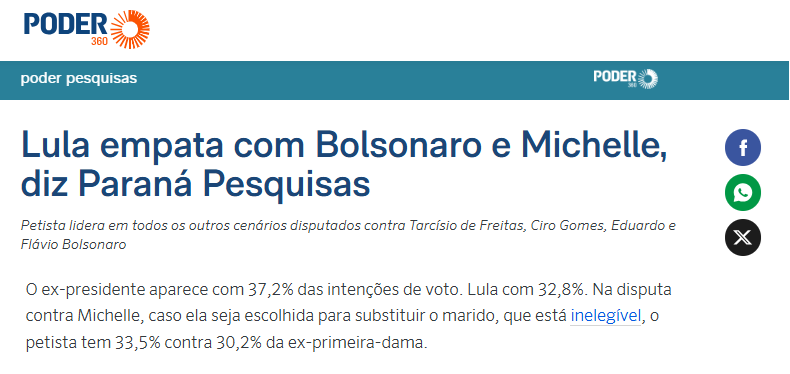 Poder 360 cita pesquisa realizada pela Paraná Pesquisas. 2 Poder 360 cita pesquisa realizada pela Paraná Pesquisas.