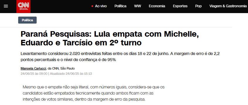 CNN Brasil cita pesquisa realizada pela Paraná Pesquisas. 2 CNN Brasil cita pesquisa realizada pela Paraná Pesquisas.