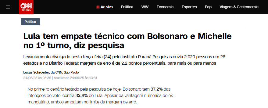 CNN Brasil cita pesquisa realizada pela Paraná Pesquisas. 2 CNN Brasil cita pesquisa realizada pela Paraná Pesquisas.