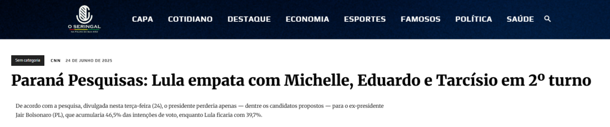 O Seringal cita pesquisa realizada pela Paraná Pesquisas. 2 O Seringal cita pesquisa realizada pela Paraná Pesquisas.