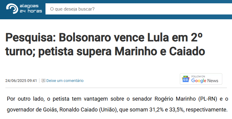 Alagoas 24 Horas cita pesquisa realizada pela Paraná Pesquisas. 2 Alagoas 24 Horas cita pesquisa realizada pela Paraná Pesquisas.