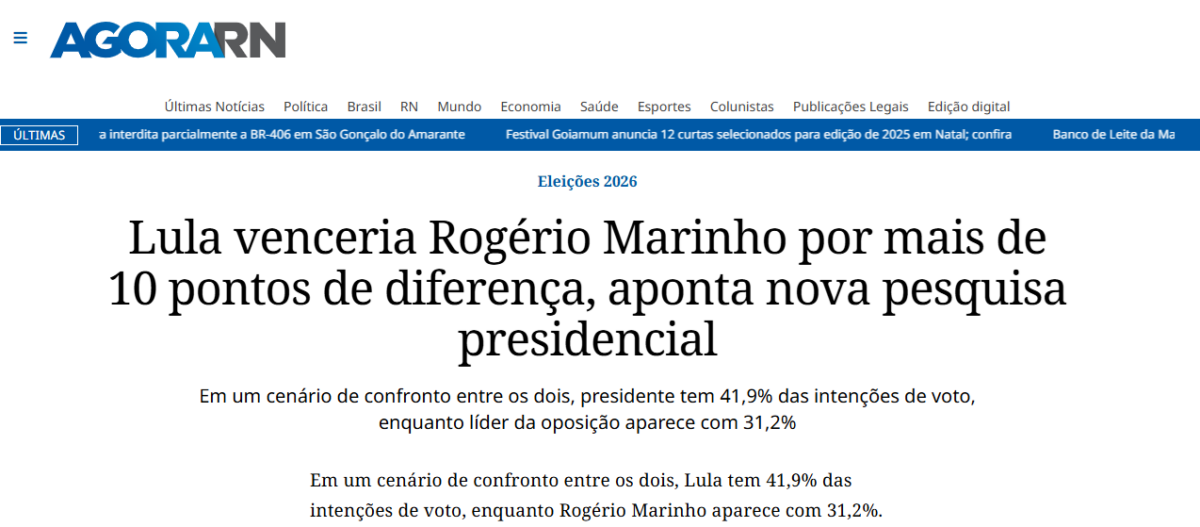 Agora RN cita pesquisa realizada pela Paraná Pesquisas. 2 Agora RN cita pesquisa realizada pela Paraná Pesquisas.