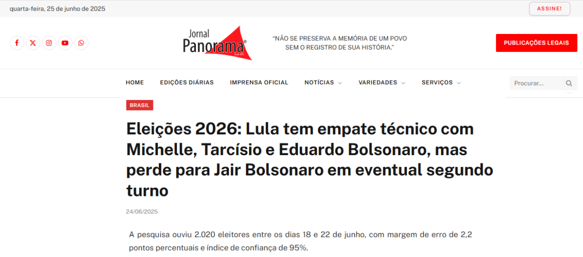 Jornal Panorama cita pesquisa realizada pela Paraná Pesquisas.