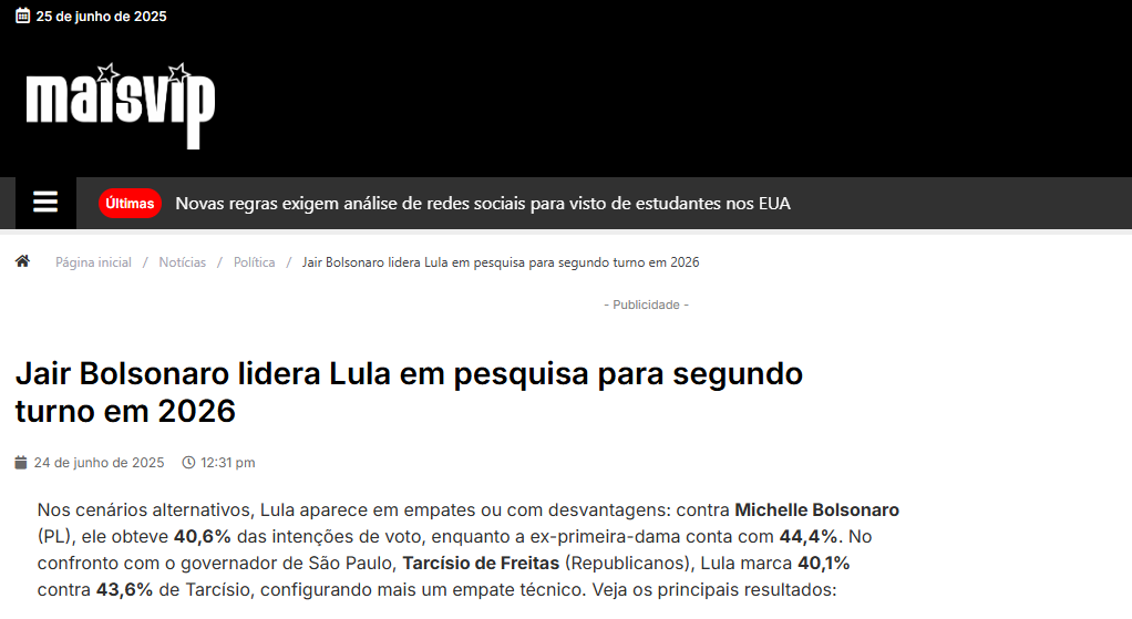 Mais Vip cita pesquisa realizada pela Paraná Pesquisas. 2 Mais Vip cita pesquisa realizada pela Paraná Pesquisas.