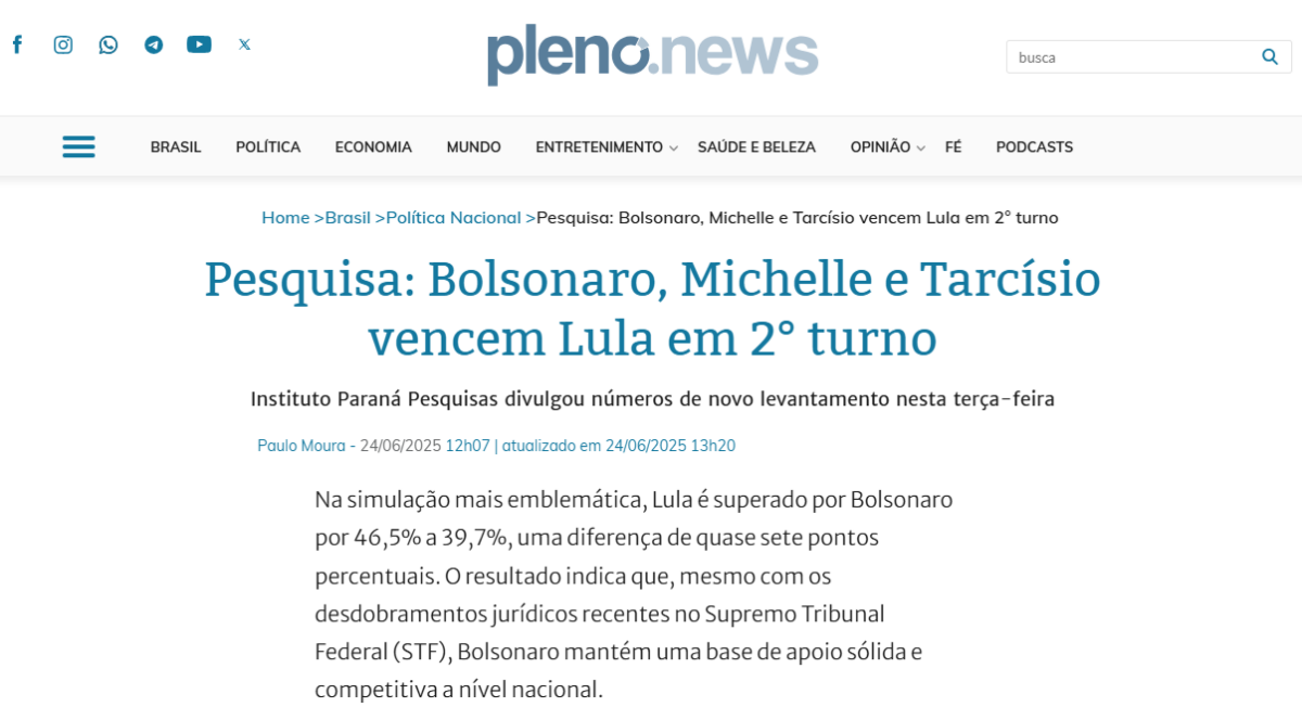 Pleno News cita pesquisa realizada pela Paraná Pesquisas. 2 Pleno News cita pesquisa realizada pela Paraná Pesquisas.