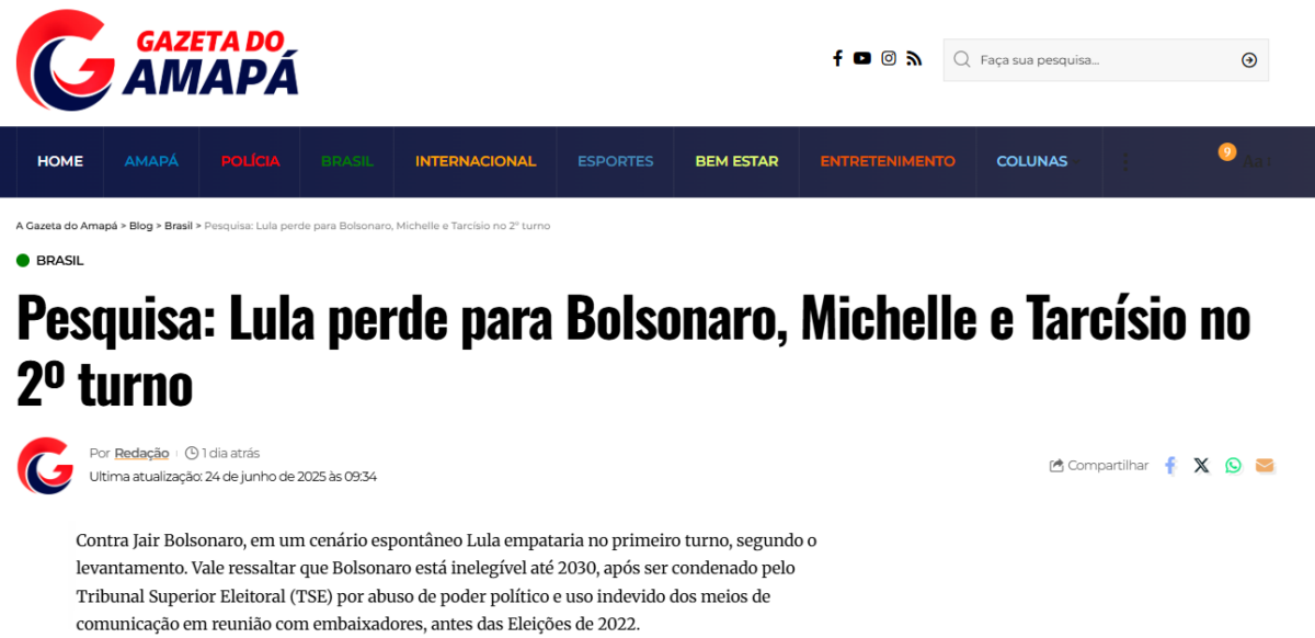 Gazeta do Amapá cita pesquisa realizada pela Paraná Pesquisas. 2 Gazeta do Amapá cita pesquisa realizada pela Paraná Pesquisas.
