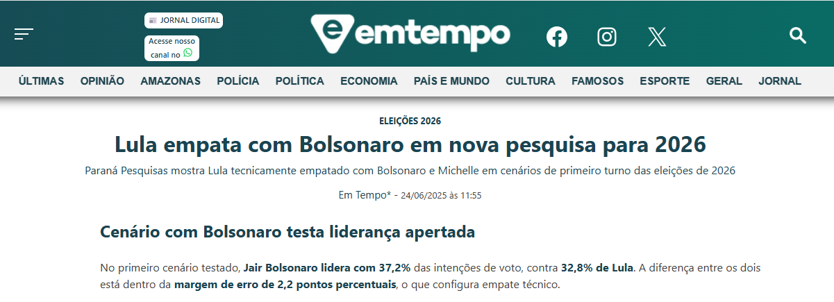 Em Tempo cita pesquisa realizada pela Paraná Pesquisas.