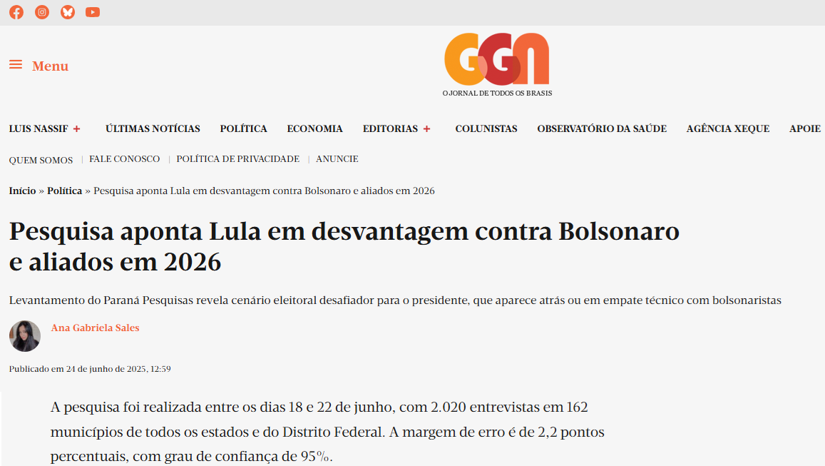 Jornal GGN cita pesquisa realizada pela Paraná Pesquisas. 2 Jornal GGN cita pesquisa realizada pela Paraná Pesquisas.
