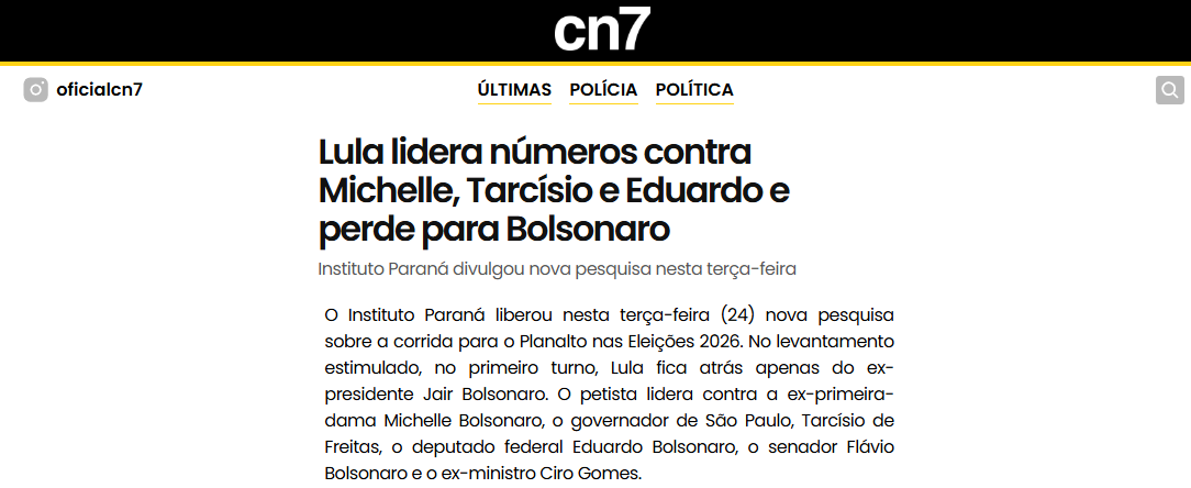 CN7 cita pesquisa realizada pela Paraná Pesquisas.