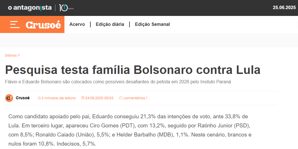 Crusoé cita pesquisa realizada pela Paraná Pesquisas. 2 Crusoé cita pesquisa realizada pela Paraná Pesquisas.