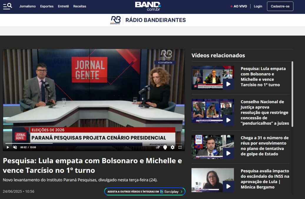 Rádio Bandeirantes cita pesquisa realizada pela Paraná Pesquisas.
