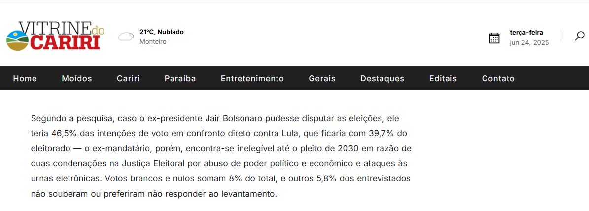 Vitrine do Cariri cita pesquisa realizada pela Paraná Pesquisas.