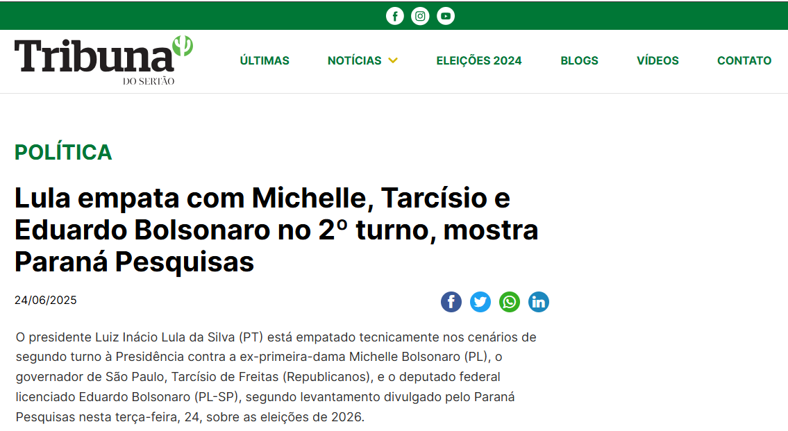 Tribuna do Sertão cita pesquisa realizada pela Paraná Pesquisas.