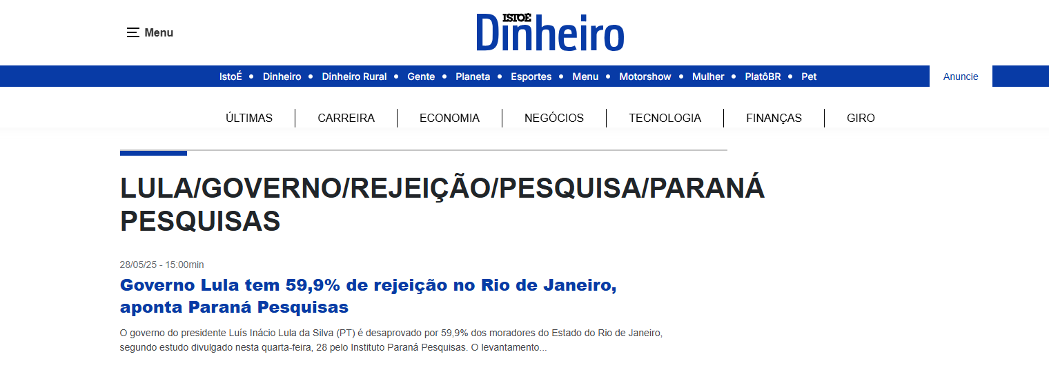 ISTOÉ cita pesquisa realizada pela Paraná Pesquisas no Estado do Rio de Janeiro. 1 ISTOÉ cita pesquisa realizada pela Paraná Pesquisas no Estado do Rio de Janeiro.