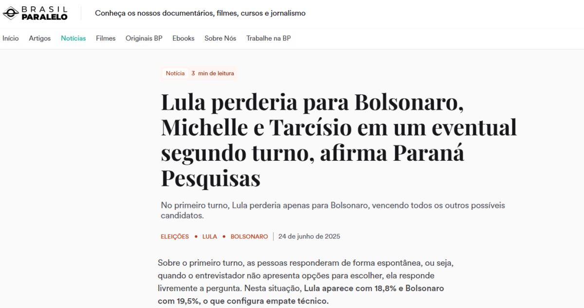 Brasil Paralelo cita pesquisa realizada pela Paraná Pesquisas.