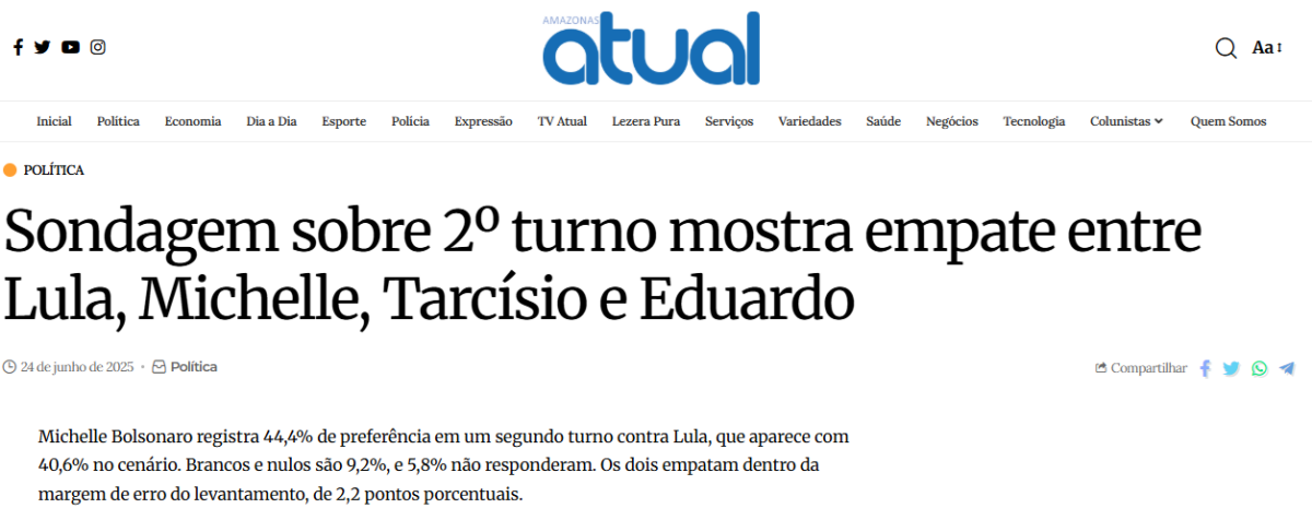 Amazonas Atual cita pesquisa realizada pela Paraná Pesquisas. 2 Amazonas Atual cita pesquisa realizada pela Paraná Pesquisas.