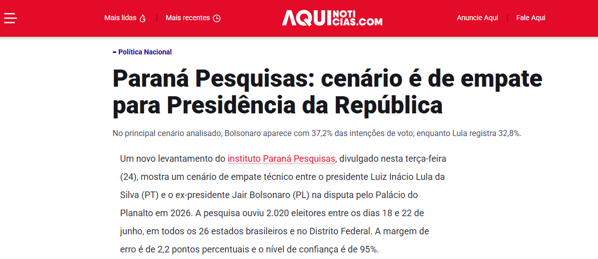 Aqui Notícias cita pesquisa realizada pela Paraná Pesquisas. 2 Aqui Notícias cita pesquisa realizada pela Paraná Pesquisas.