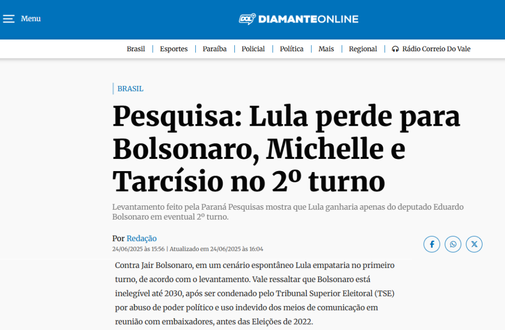 Diamante Online cita pesquisa realizada pela Paraná Pesquisas. 2 Diamante Online cita pesquisa realizada pela Paraná Pesquisas.
