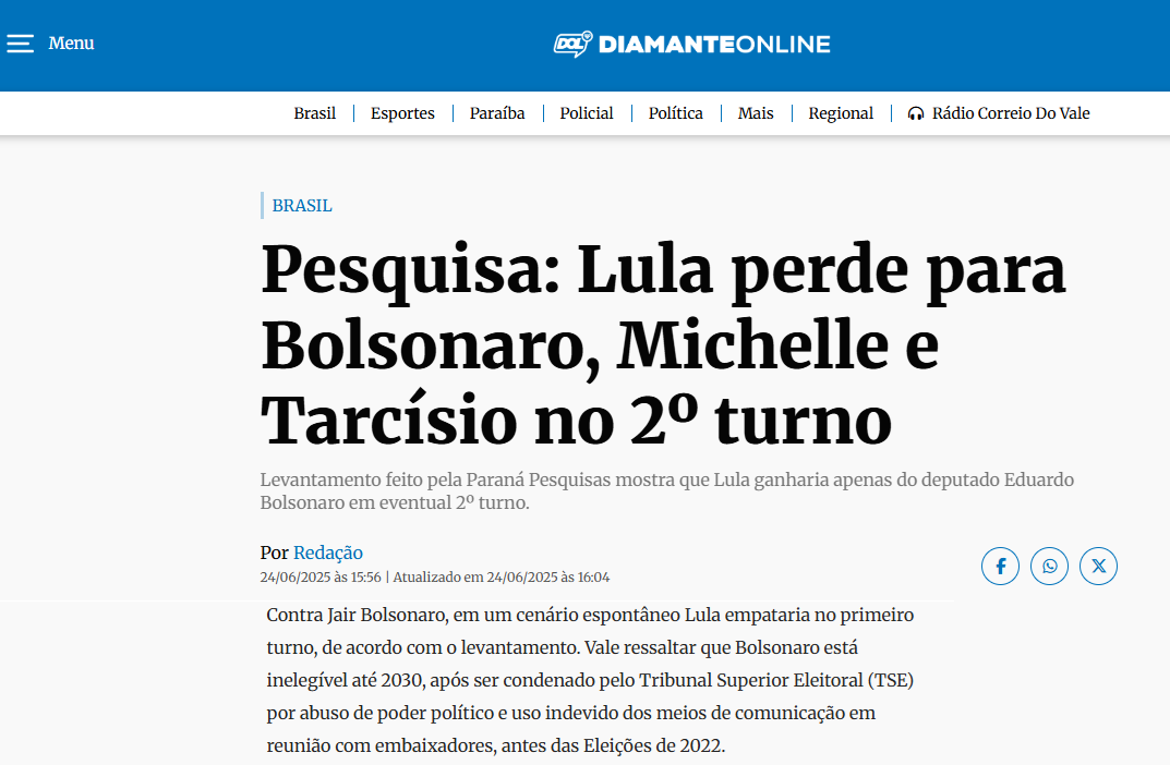 Diamante Online cita pesquisa realizada pela Paraná Pesquisas. 1 Diamante Online cita pesquisa realizada pela Paraná Pesquisas.
