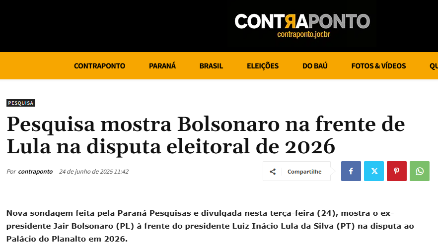 Contra Ponto cita pesquisa realizada pela Paraná Pesquisas. 2 Contra Ponto cita pesquisa realizada pela Paraná Pesquisas.