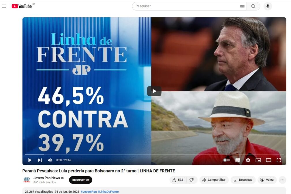 Jovem Pan News cita pesquisa realizada pela Paraná Pesquisas.