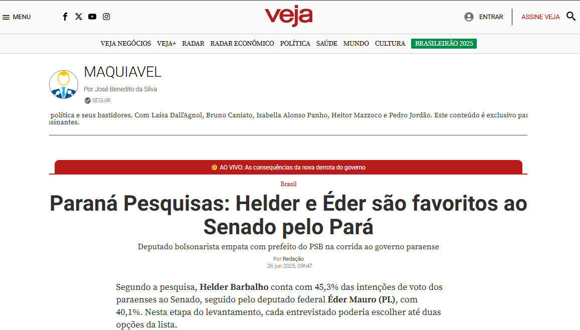 Veja cita pesquisa realizada pela Paraná Pesquisas no Estado do Pará.