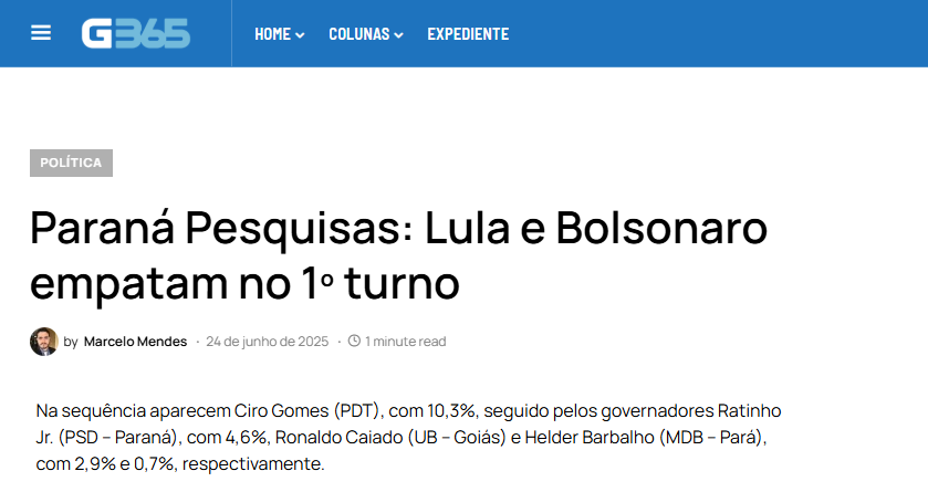 Goiás 365 cita pesquisa realizada pela Paraná Pesquisas. 2 Goiás 365 cita pesquisa realizada pela Paraná Pesquisas.