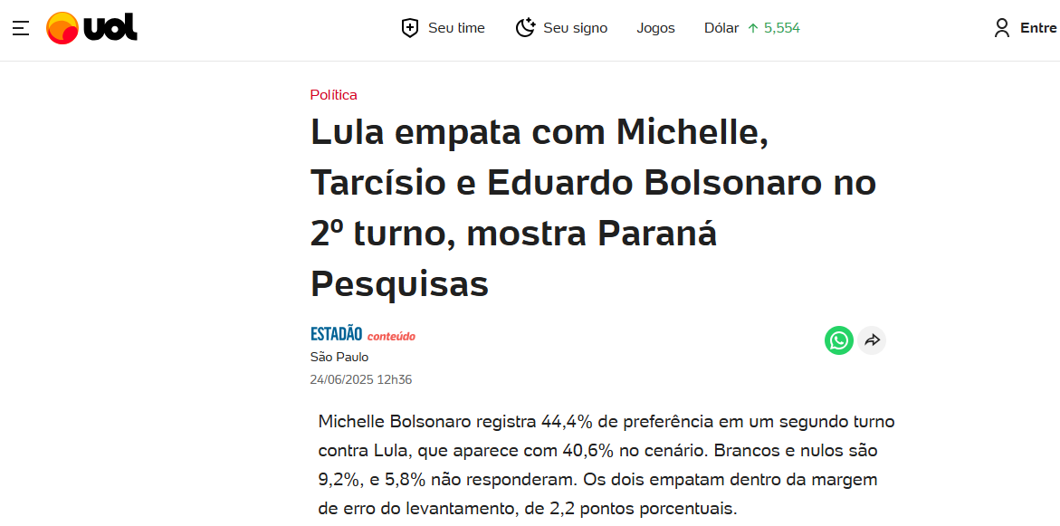 UOL Notícias cita pesquisa realizada pela Paraná Pesquisas. 2 UOL Notícias cita pesquisa realizada pela Paraná Pesquisas.