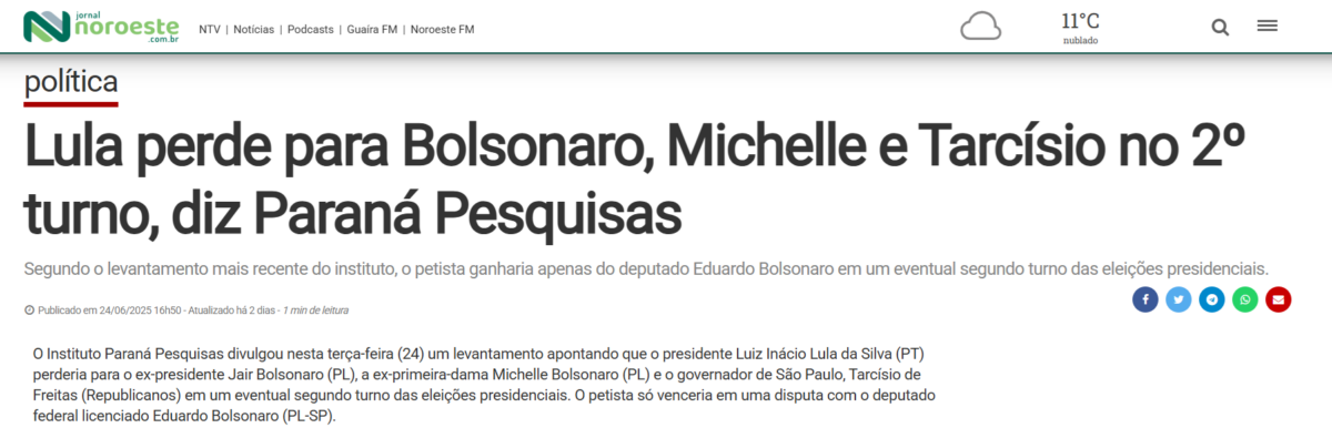 Jornal Noroeste cita pesquisa realizada pela Paraná Pesquisas. 2 Jornal Noroeste cita pesquisa realizada pela Paraná Pesquisas.