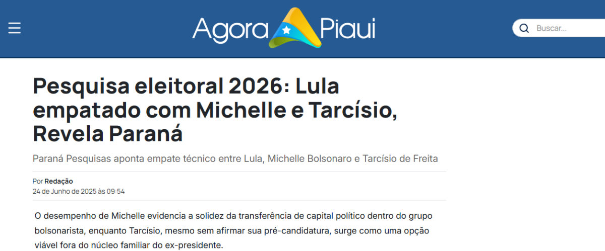 Agora Piauí cita pesquisa realizada pela Paraná Pesquisas.