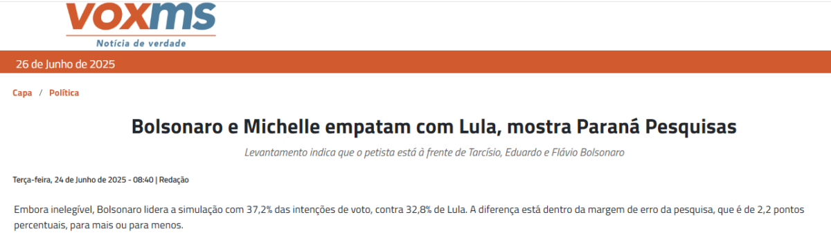 Vox MS cita pesquisa realizada pela Paraná Pesquisas. 2 Vox MS cita pesquisa realizada pela Paraná Pesquisas.