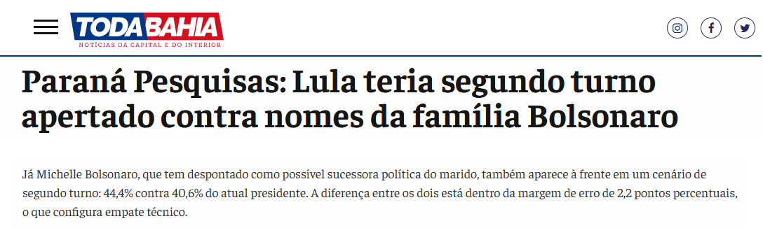 Toda Bahia cita pesquisa realizada pela Paraná Pesquisas. 2 Toda Bahia cita pesquisa realizada pela Paraná Pesquisas.