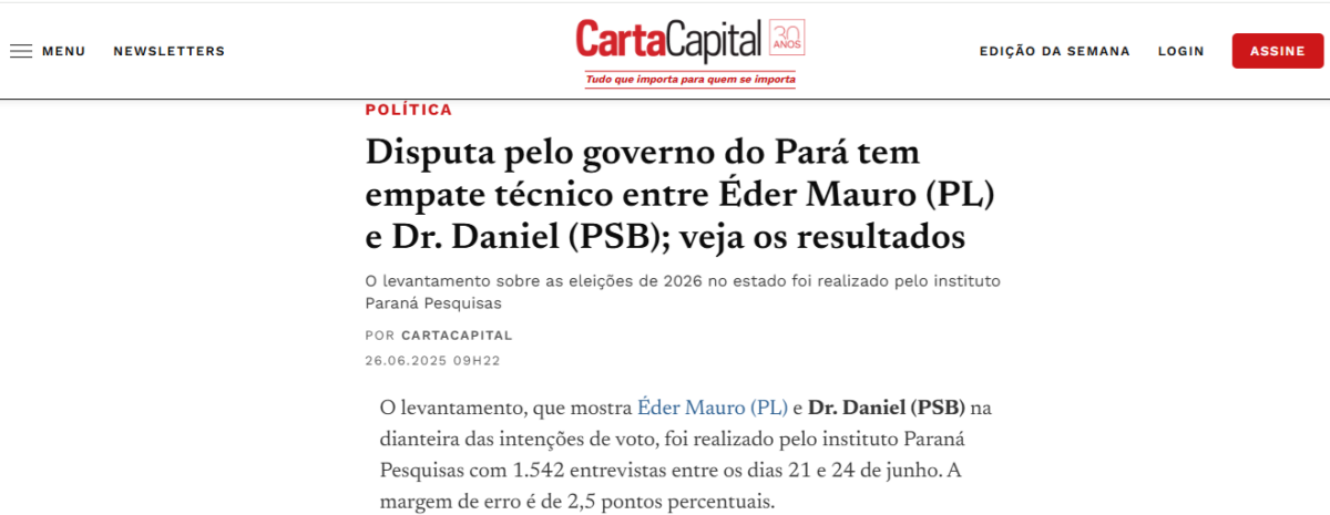 Carta Capital cita pesquisa realizada pela Paraná Pesquisas no Estado do Pará. 2 Carta Capital cita pesquisa realizada pela Paraná Pesquisas no Estado do Pará.