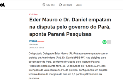 UOL Notícias cita pesquisa realizada pela Paraná Pesquisas no Estado do Pará.