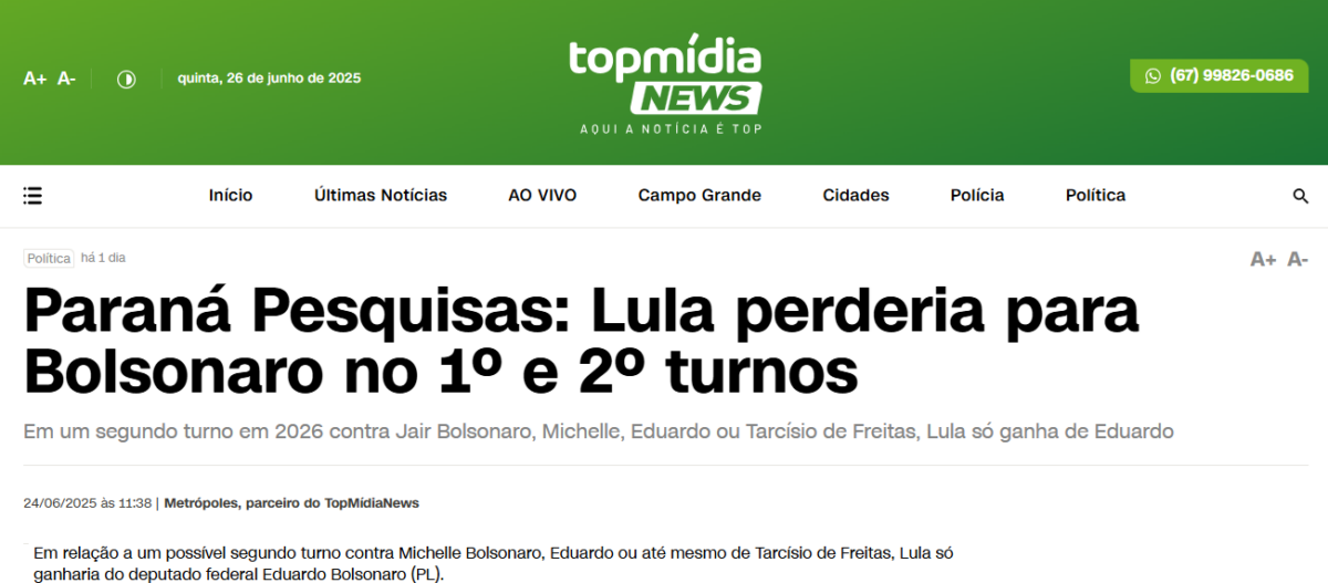 Top Mídia News cita pesquisa realizada pela Paraná Pesquisas.