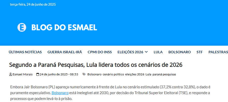 Blog do Esmael cita pesquisa realizada pela Paraná Pesquisas.