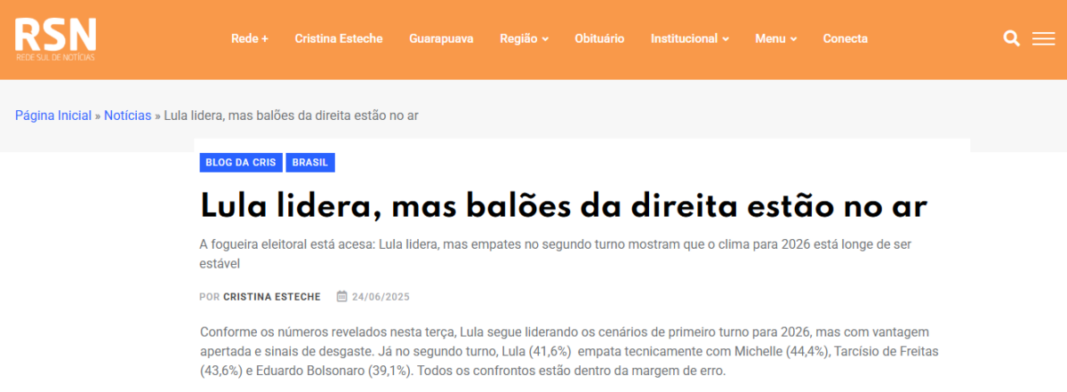Rede Sul de Notícias cita pesquisa realizada pela Paraná Pesquisas.