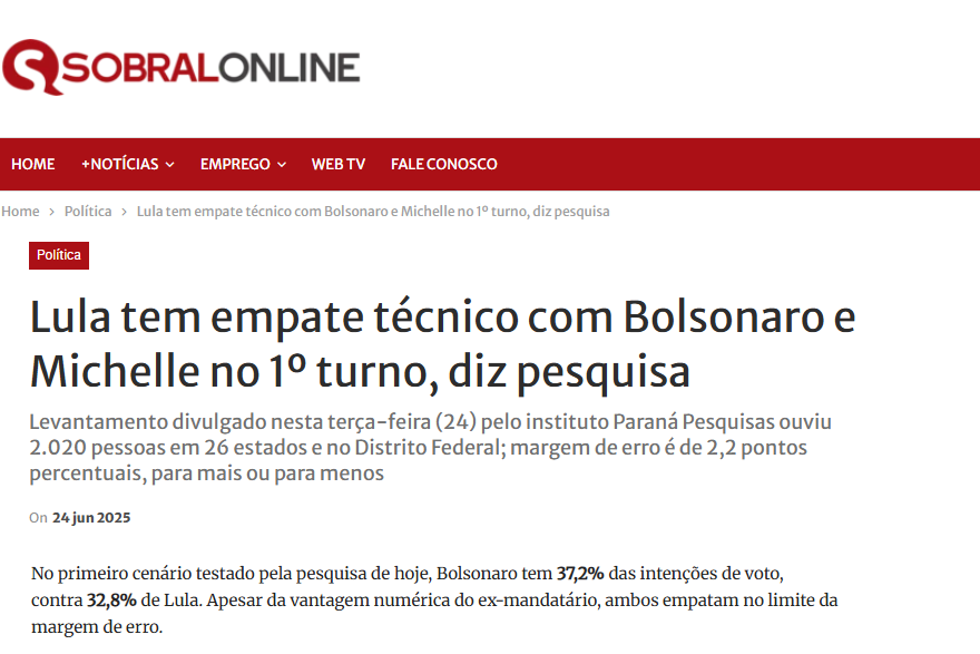 Sobral Online cita pesquisa realizada pela Paraná Pesquisas. 2 Sobral Online cita pesquisa realizada pela Paraná Pesquisas.