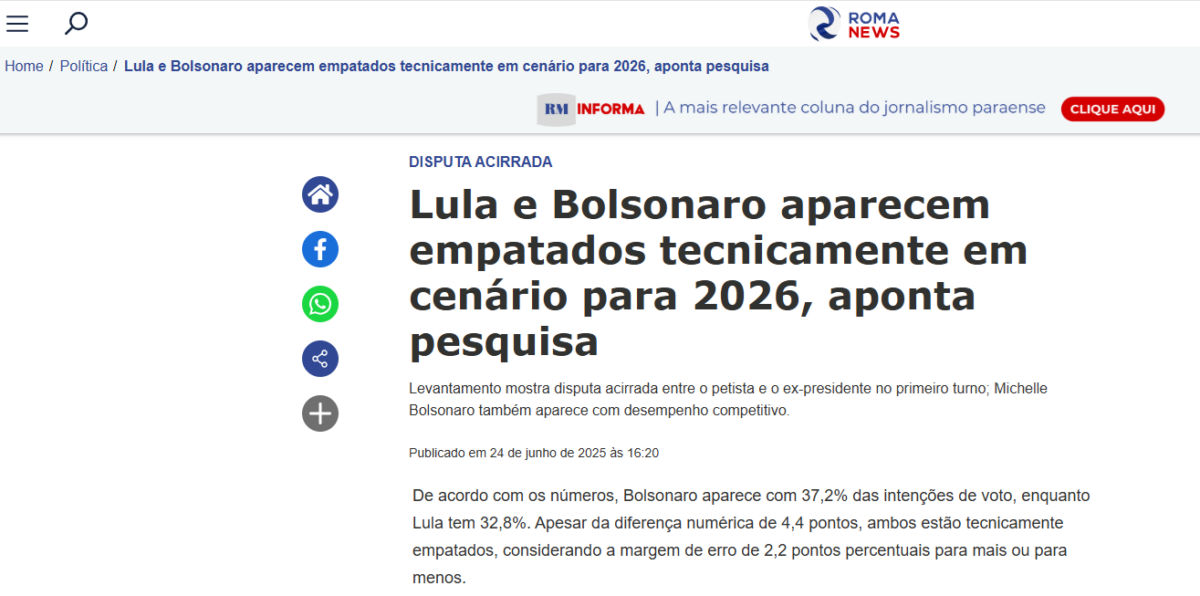 Roma News cita pesquisa realizada pela Paraná Pesquisas.