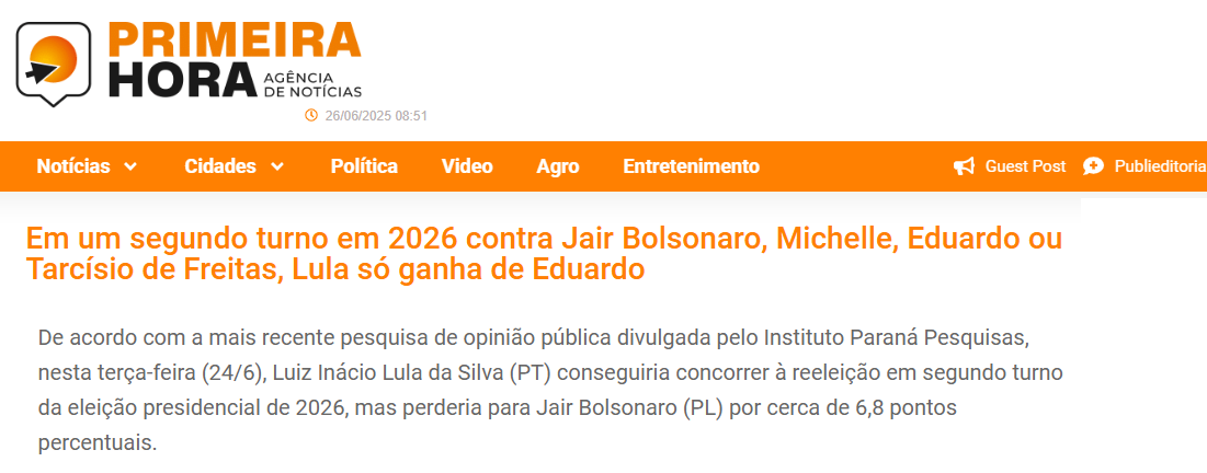 Primeira Hora cita pesquisa realizada pela Paraná Pesquisas.