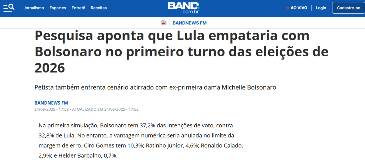 Band News cita pesquisa realizada pela Paraná Pesquisas. 2 Band News cita pesquisa realizada pela Paraná Pesquisas.