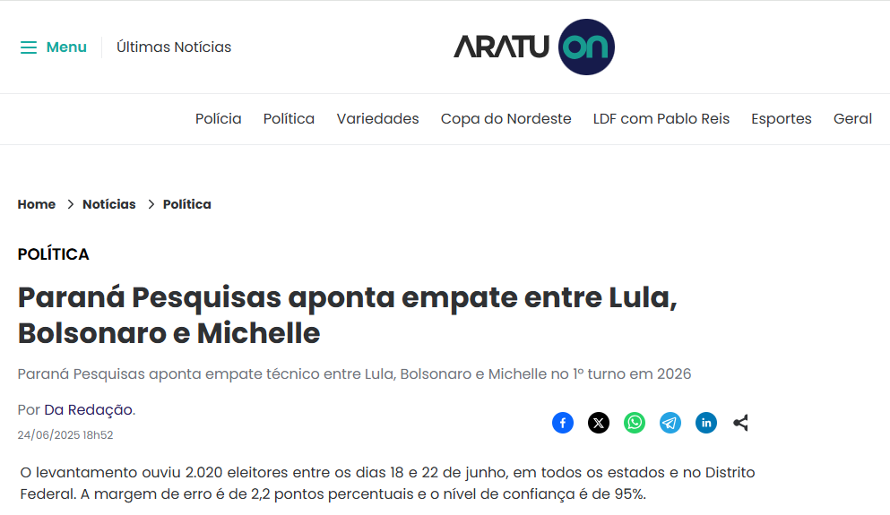 Aratu On cita pesquisa realizada pela Paraná Pesquisas. 2 Aratu On cita pesquisa realizada pela Paraná Pesquisas.