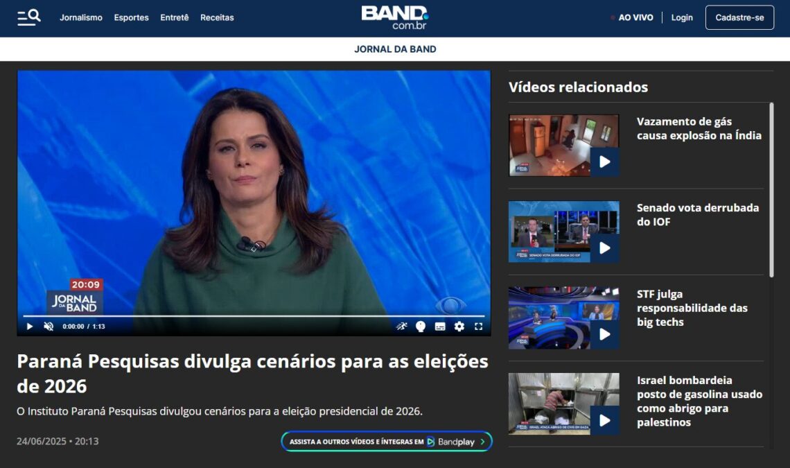 Band cita pesquisa realizada pela Paraná Pesquisas.
