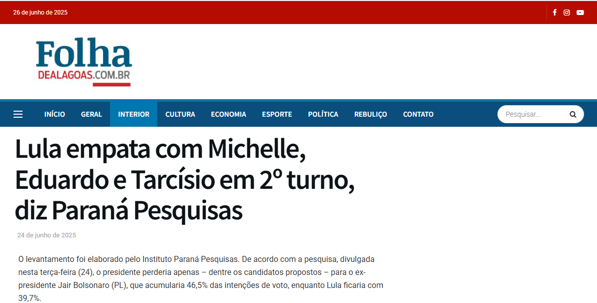 Folha de Alagoas cita pesquisa realizada pela Paraná Pesquisas.