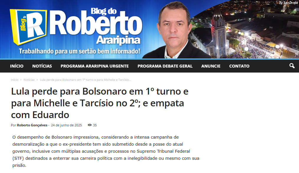 Blog Roberto Araripina cita pesquisa realizada pela Paraná Pesquisas.