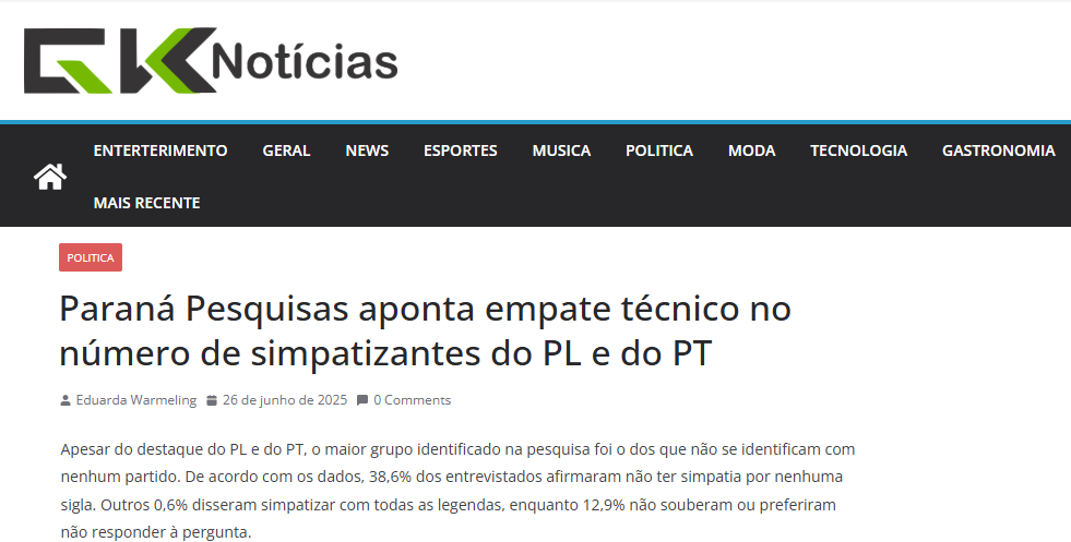 GK Notícias cita pesquisa realizada pela Paraná Pesquisas.
