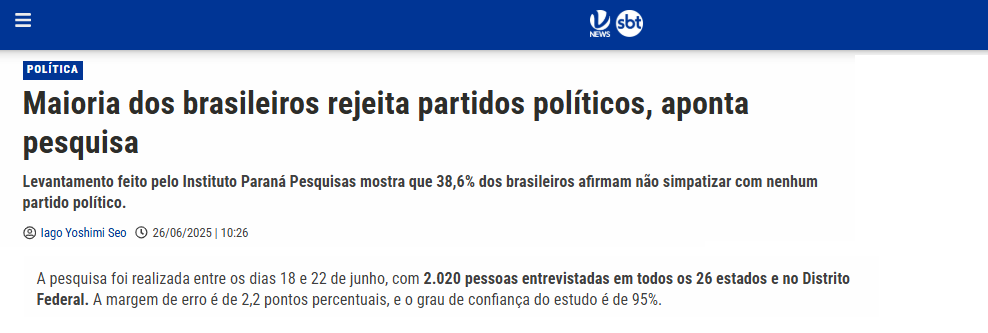 VTV News cita pesquisa realizada pela Paraná Pesquisas. 2 VTV News cita pesquisa realizada pela Paraná Pesquisas.