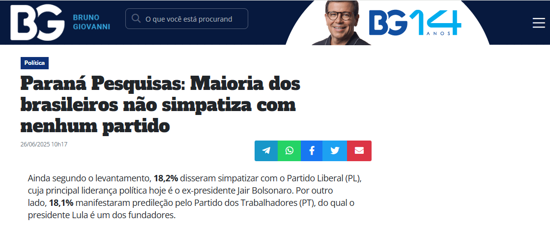 Blog Bruno Giovanni cita pesquisa realizada pela Paraná Pesquisas.
