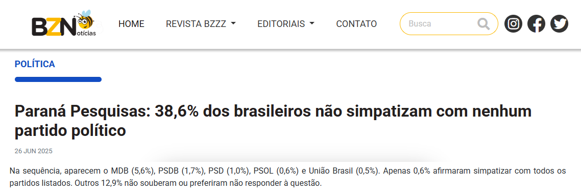 BZ Notícias cita pesquisa realizada pela Paraná Pesquisas.