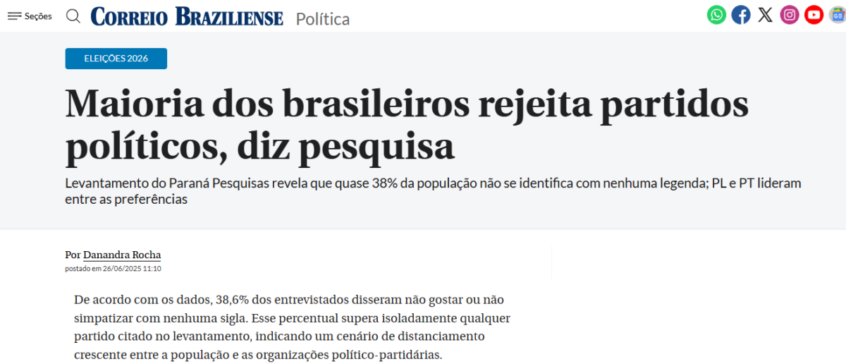 Correio Braziliense cita pesquisa realizada pela Paraná Pesquisas.